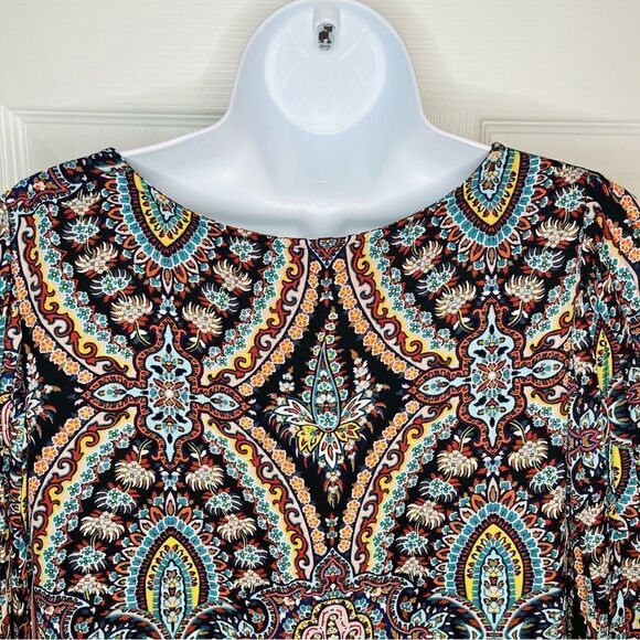 Love FIRE Pleated Wide Arm Shift Dress Mediterranean Stain Glass Print Multi M - Picture 4 of 10